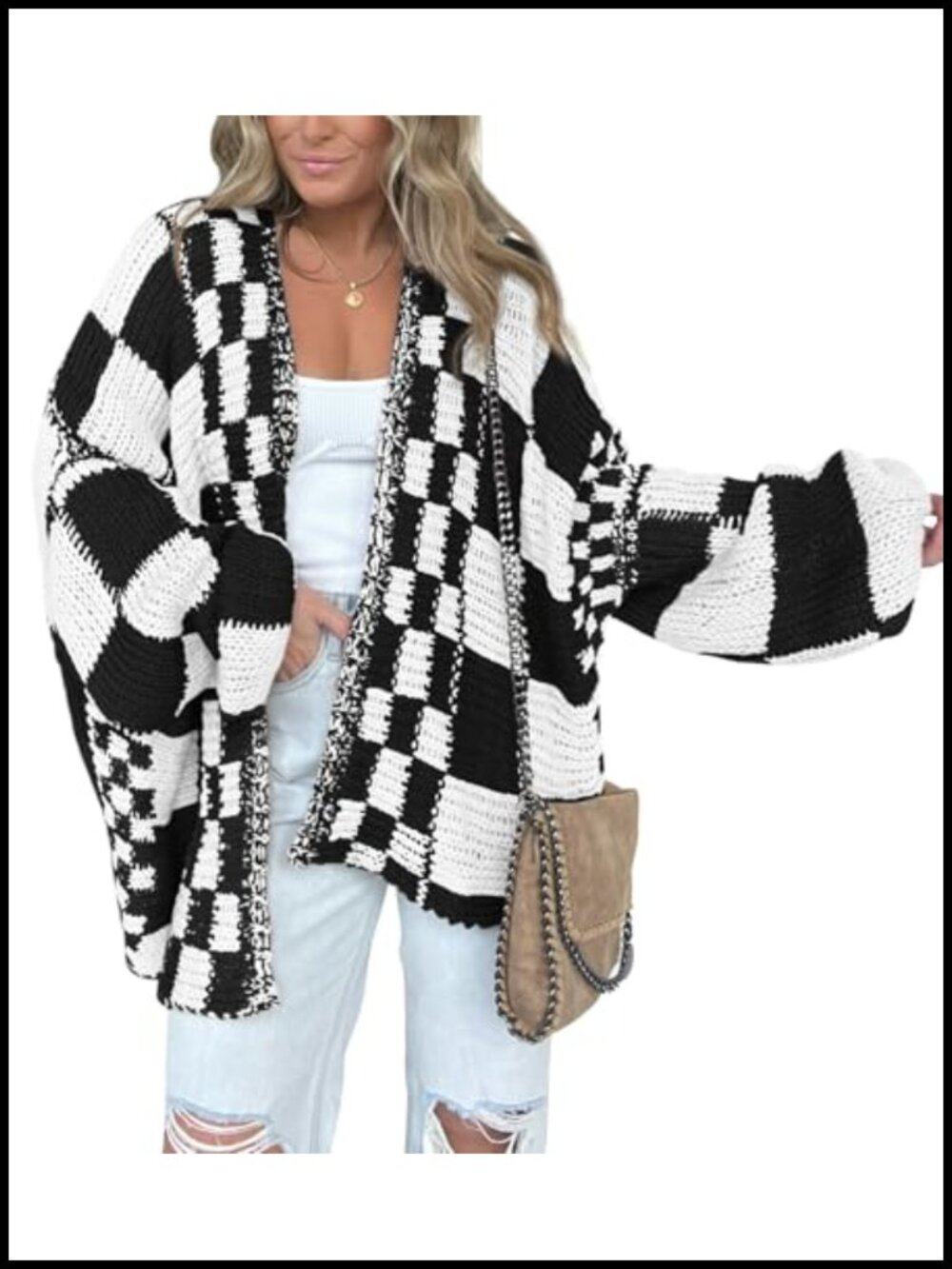 Chunky Knit Cardigan Sweater Open Front V-Neck Checkered Patterned Loose Fit
